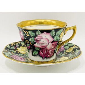 Vintage Rosina Pink & Yellow Roses Black & Gold Tea Cup & Saucer 4861 Bone China